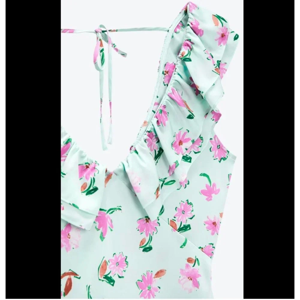 ZARA GREEN FLORAL PRINT SATIN MIDI DRESS WITH RUFFLE TRIMS SIZE S, NWT SS22 - Picture 9 of 10